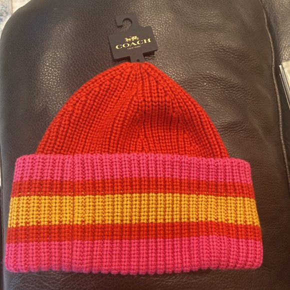 Unisex varsity wool blend Coach Pink and Orange Striped Knit beanie Hat OS - Picture 6 of 9